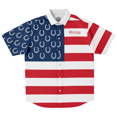 Horseshoes And Stripes American Flag Short Sleeve Button Down Shirt